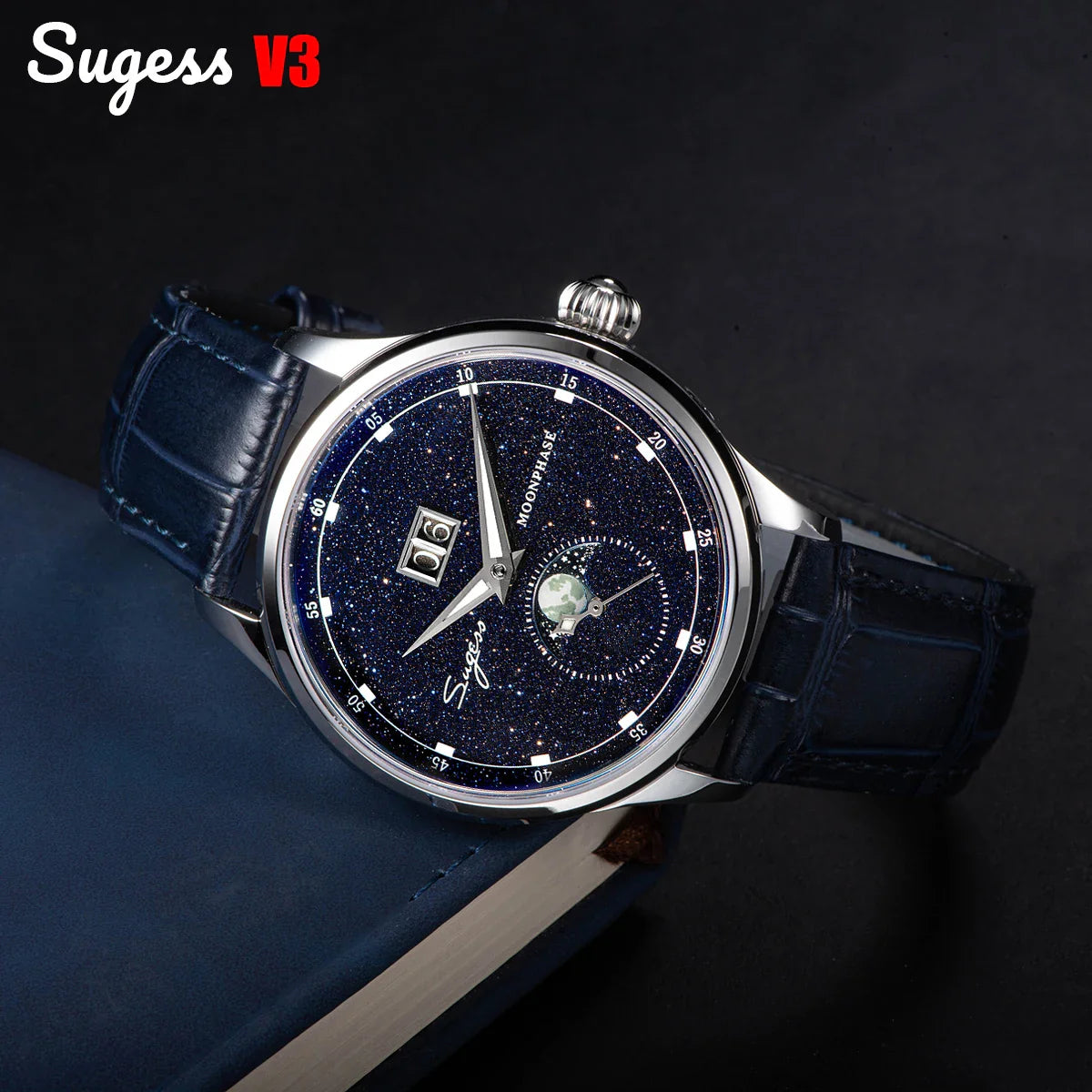 Sugess Moonphase Men’s Automatic Mechanical Watch — 40MM Stainless Steel with Seagull ST2528 Movement and Blue Sandstone Dial