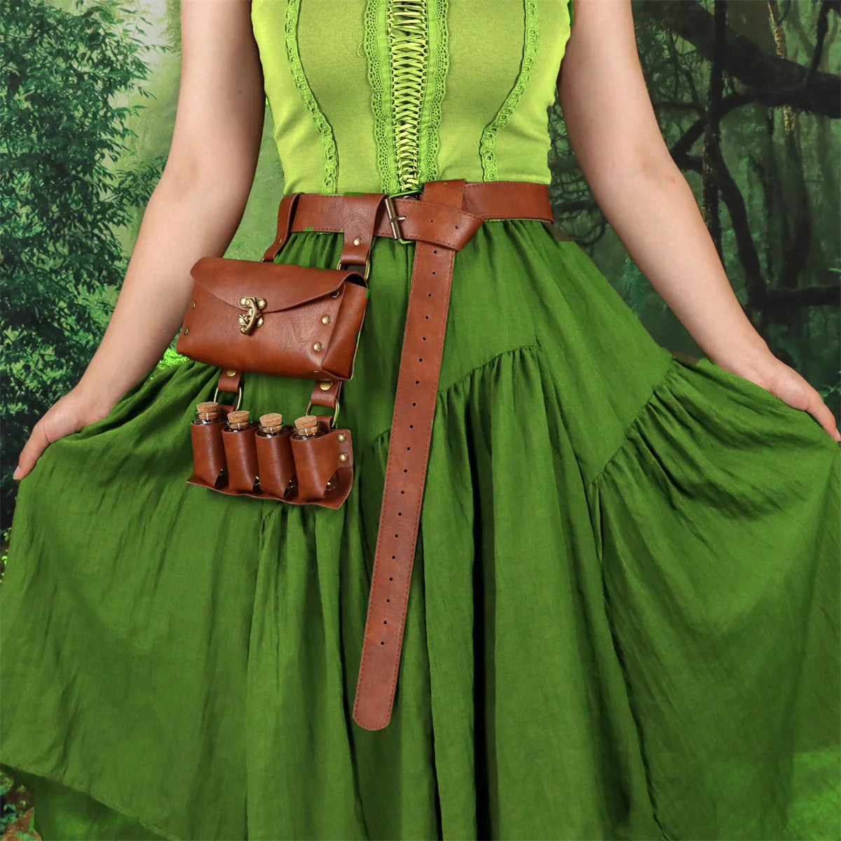 Renaissance Leather Cosplay Belt – Medieval Wizard Waist Bag with Alchemy Bottle, Cork Stopper & Copper Coin