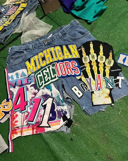 Unisex Y2K Rock Hip Hop Patchwork Denim Shorts – Retro Blue Baggy Cartoon Pattern Casual & Basketball Fitness Shorts