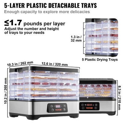 SucceBuy 5-Tray Electric Food Dehydrator – 300W Stainless Steel Dryer with Digital Timer & Adjustable Temperature
