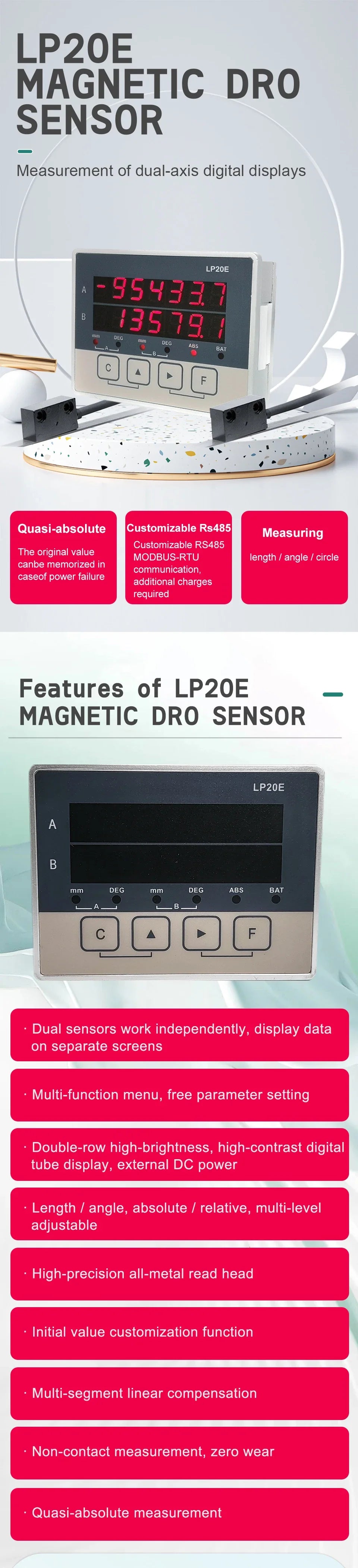 LP20E 2-Axis Digital DRO – Magnetic Sensor Tape Displacement Readout Scale for CNC Lathe & Woodworking Machines