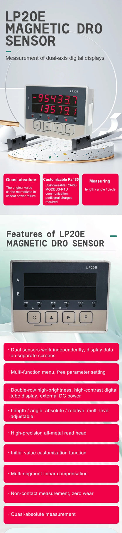 LP20E 2-Axis Digital DRO – Magnetic Sensor Tape Displacement Readout Scale for CNC Lathe & Woodworking Machines