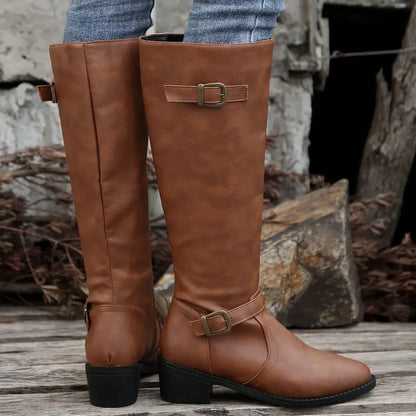 Women’s Winter High-Top Knight Boots – Side Zipper & Belt Buckle, Pointed Toe, PU Material with Cotton Lining