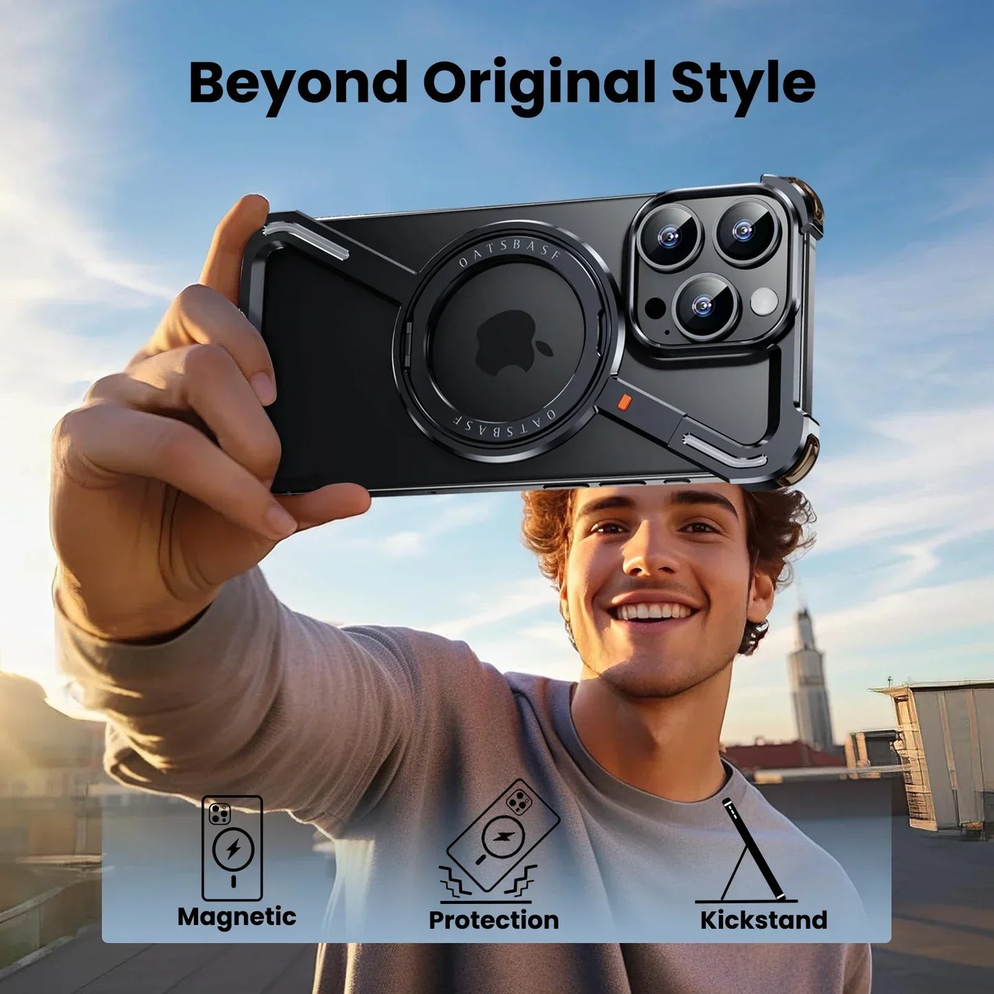 Oatsbasf Z-Shape Metal Phone Case for iPhone 15/16 Pro Max | Shockproof Cover with 360° Rotating Holder