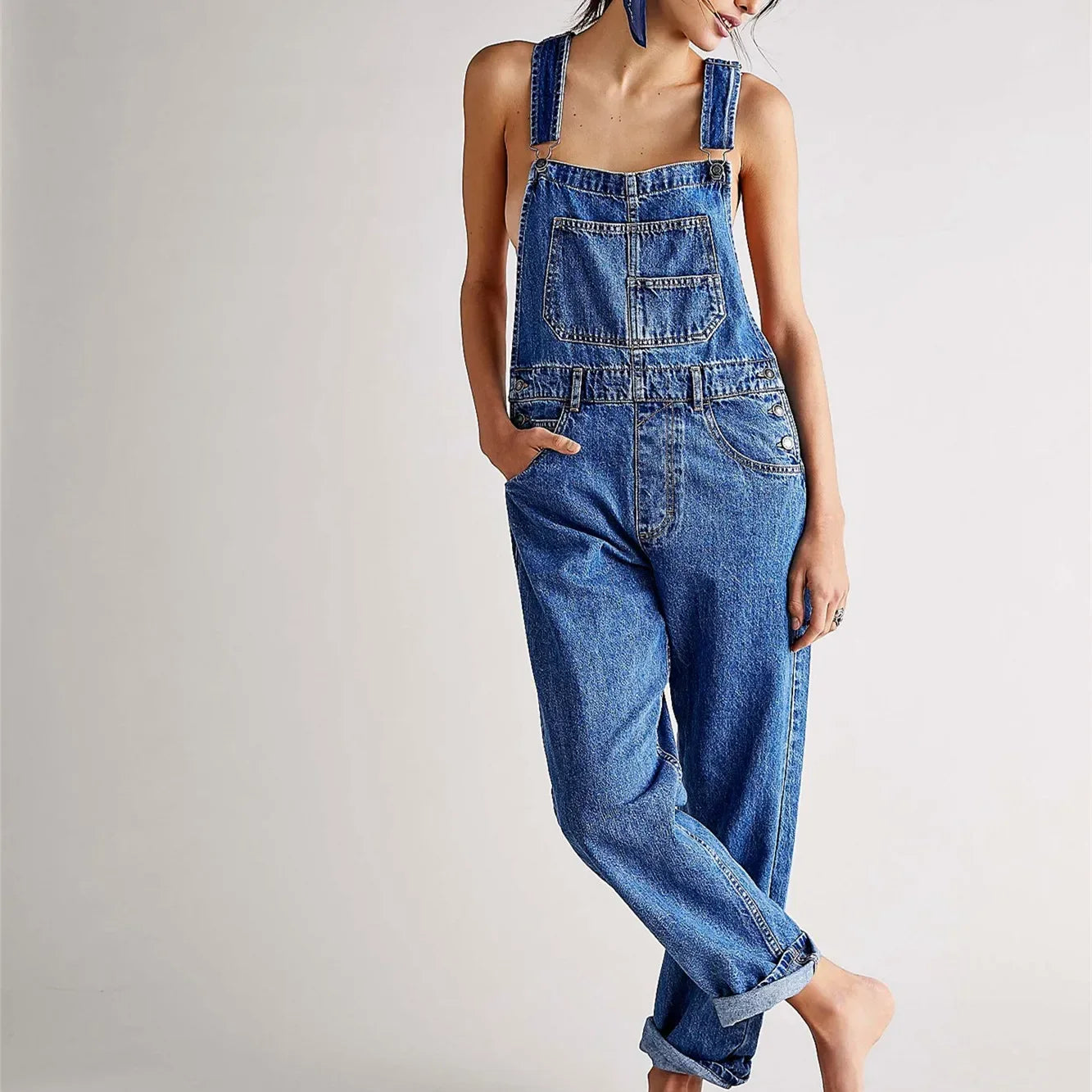Women’s Denim Overalls - Loose Fit Stretchy Bib Jumpsuit with Tapered Leg Casual Jean Pants