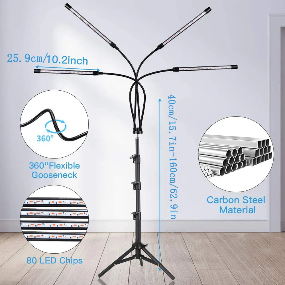 USB LED Plant Growth Lamp with Floor Stand — Full-Spectrum Hydroponic Light, Dimmable Timer for Indoor Flowers & Plants