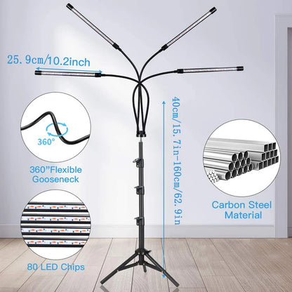 USB LED Plant Growth Lamp with Floor Stand — Full-Spectrum Hydroponic Light, Dimmable Timer for Indoor Flowers & Plants
