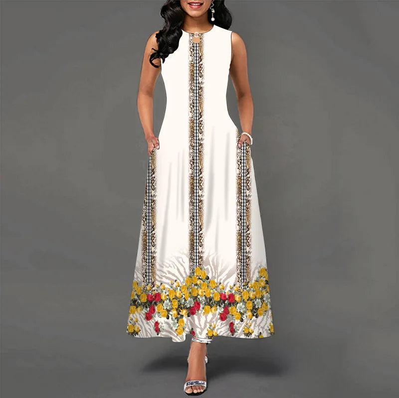 Women’s Loose Floral Vintage Maxi Dress – Ruffled Hole Summer Camis Big Size Elegant Party Dress