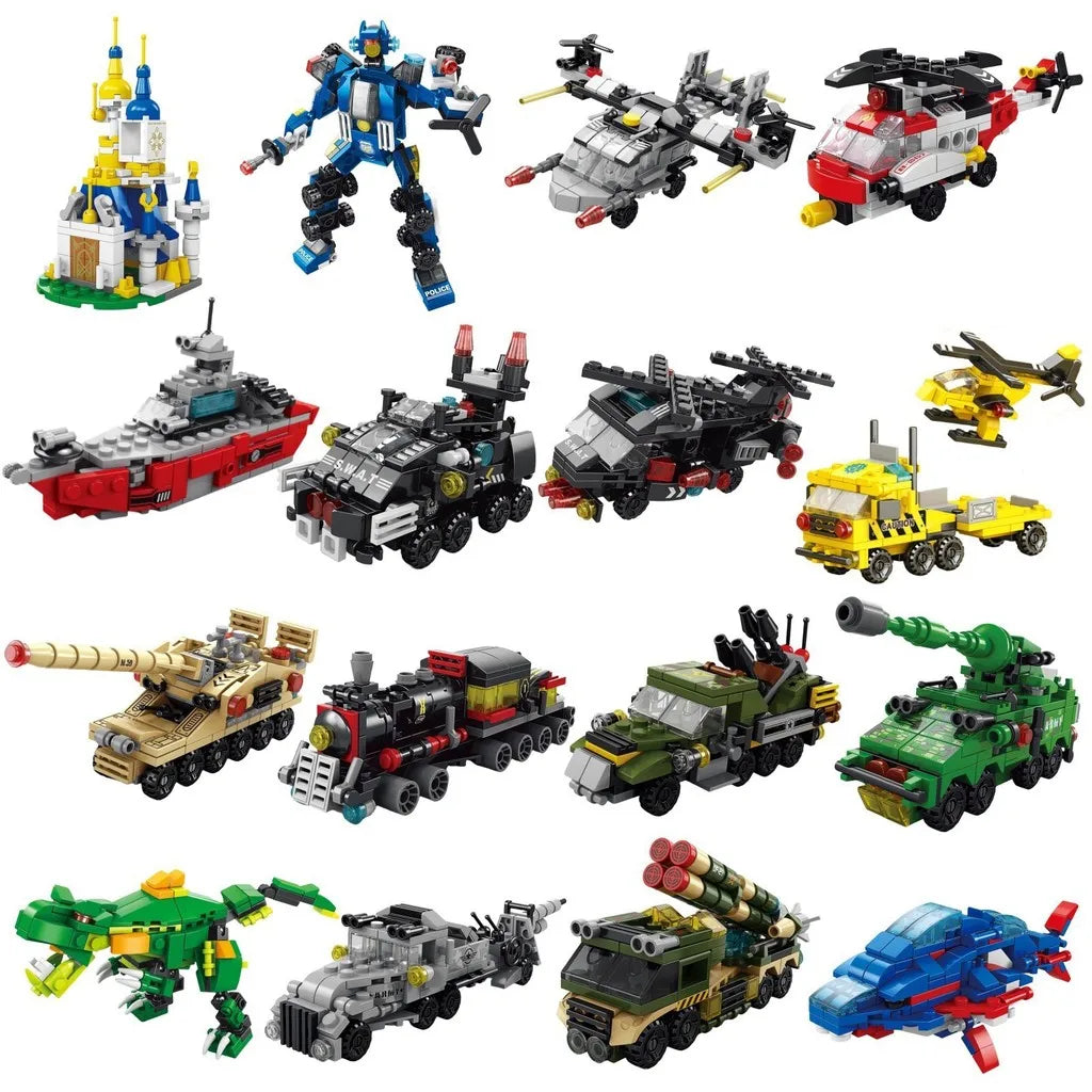 6-in-1 Police Truck Mech Dinosaur Building Blocks - Tank, Helicopter & Fire Truck Educational Toy