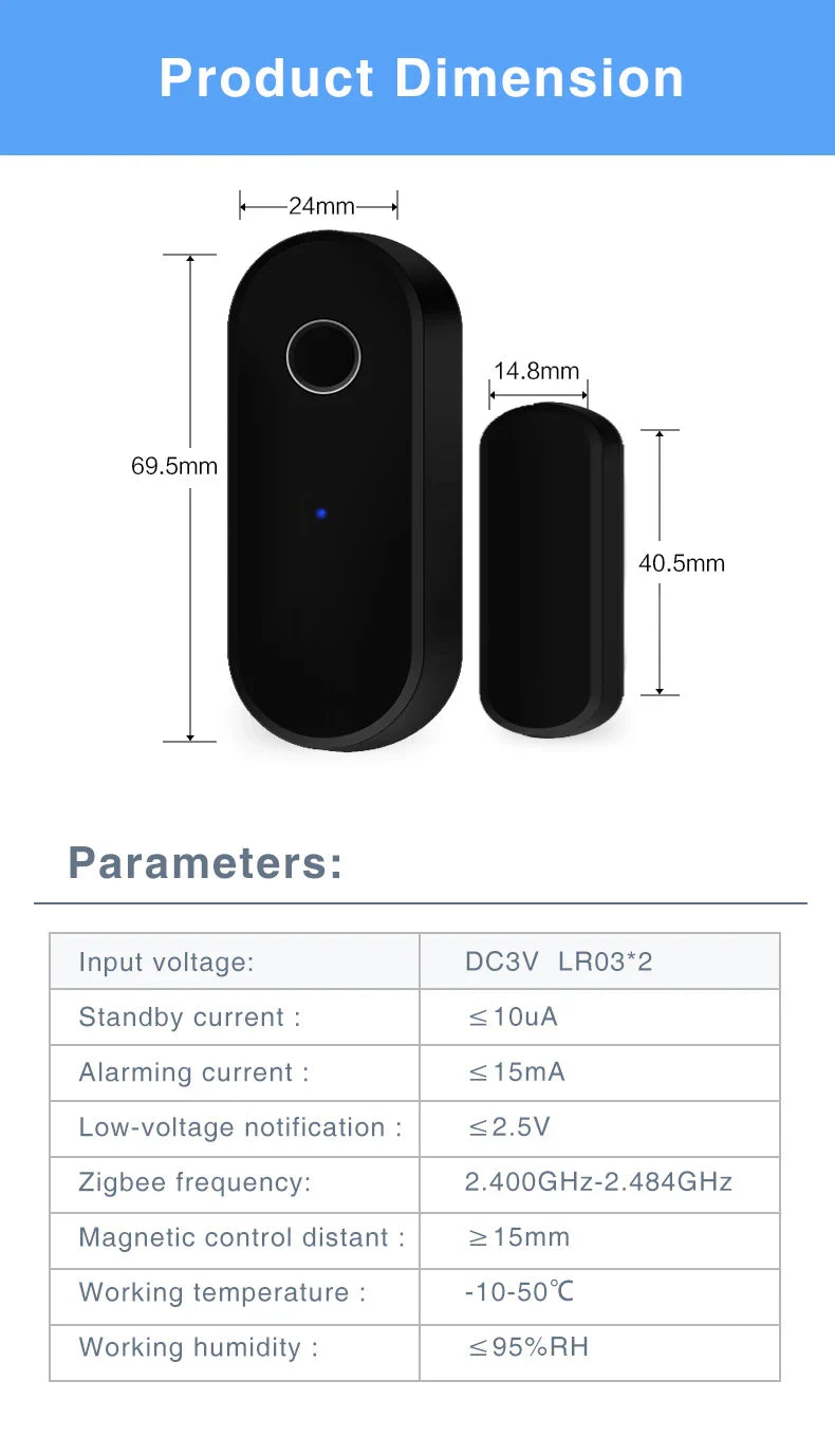 Tuya Smart Zigbee Door & Window Sensor – Black Open/Close Detector for Smart Home Security, Compatible with Smart Life App