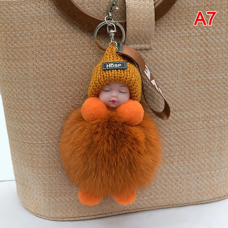 Cute Pompom Sleeping Baby Keychain - Fluffy Plush Doll Bag Charm, Key Ring & Gift for Women and Girls