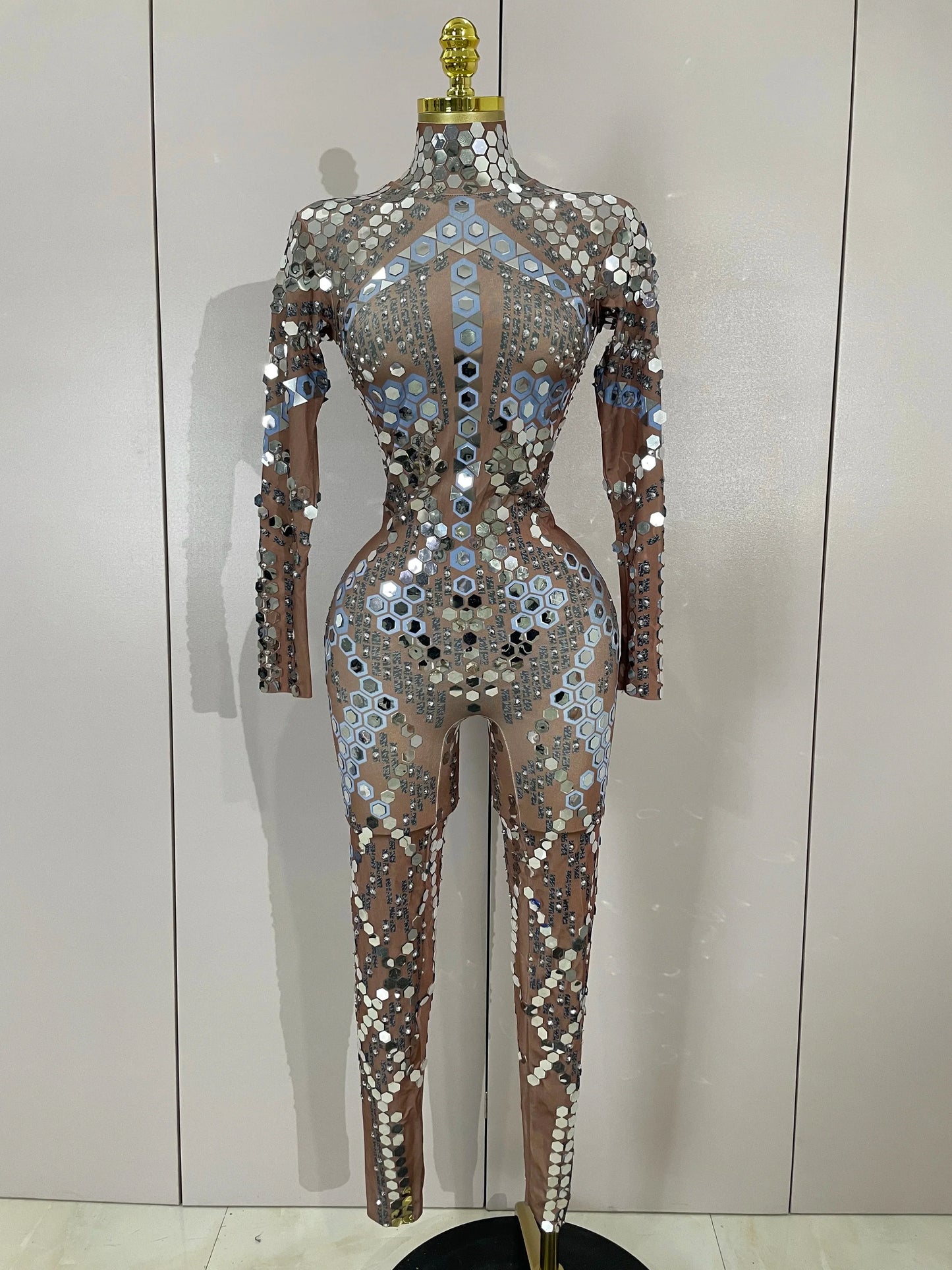 Sexy Shiny Silver Sequin & Black Spandex Jumpsuit — 2025 Women’s Prom, Dancer & Stage Performance Costume