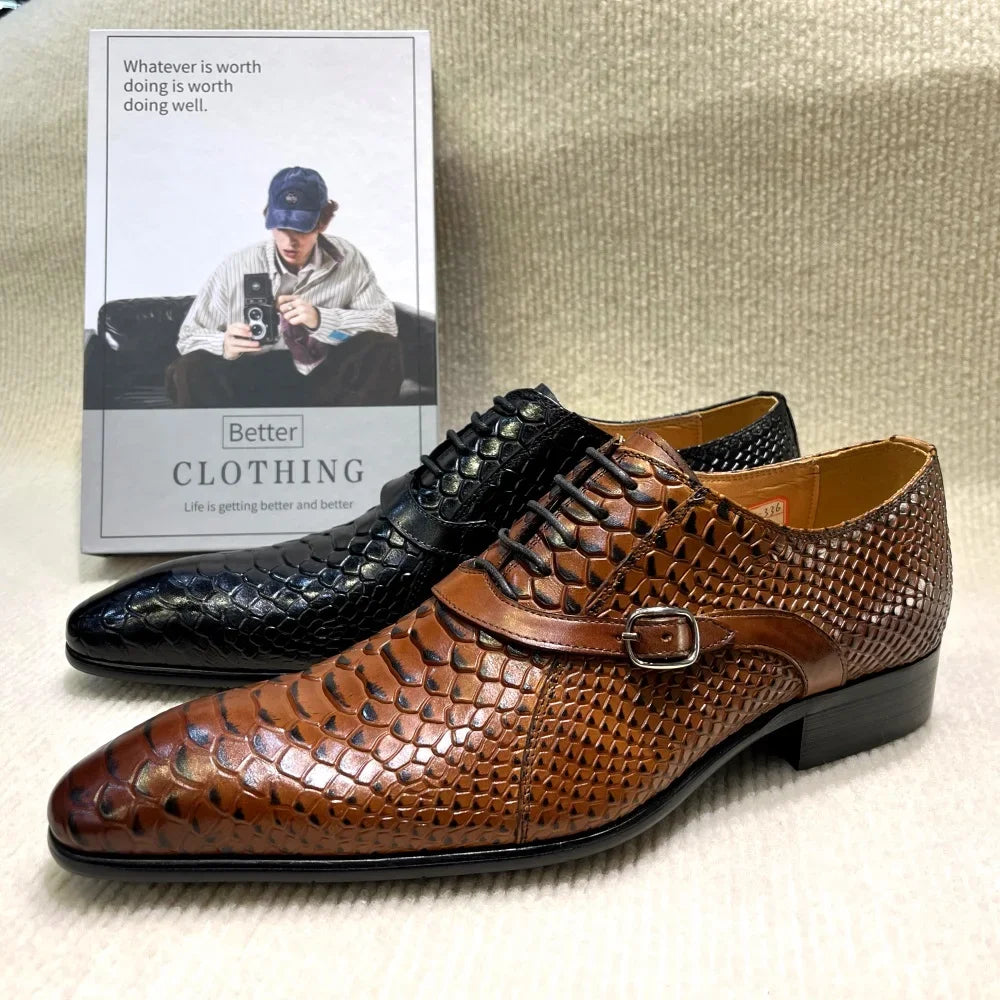 Men’s Handmade Italian-Style Leather Dress Shoes - Pointed Toe Python Pattern Wedding & Business Oxford Shoes