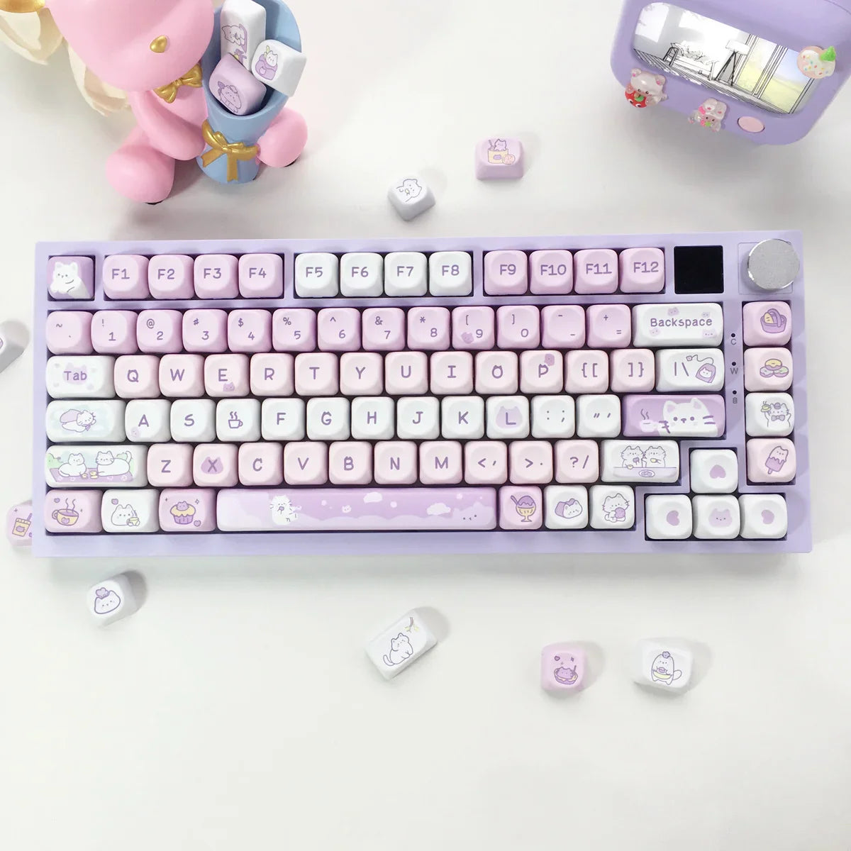 USLION 95 Keys Dessert Cat Theme Keycaps – MOA Profile PBT Key Caps Kit for 61/64/68/75/84/87 GMK67 Gaming Mechanical Keyboards