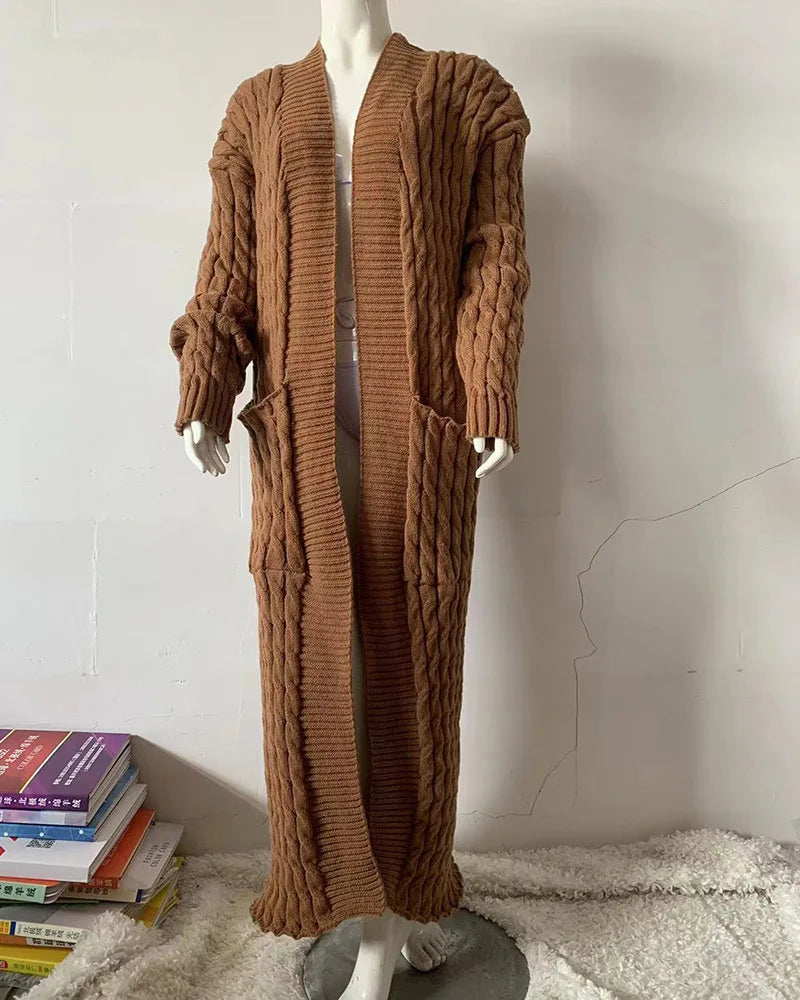Women’s Long Knit Cardigan with Pockets – Vintage Full Sleeve Thick Autumn Winter Sweater Coat