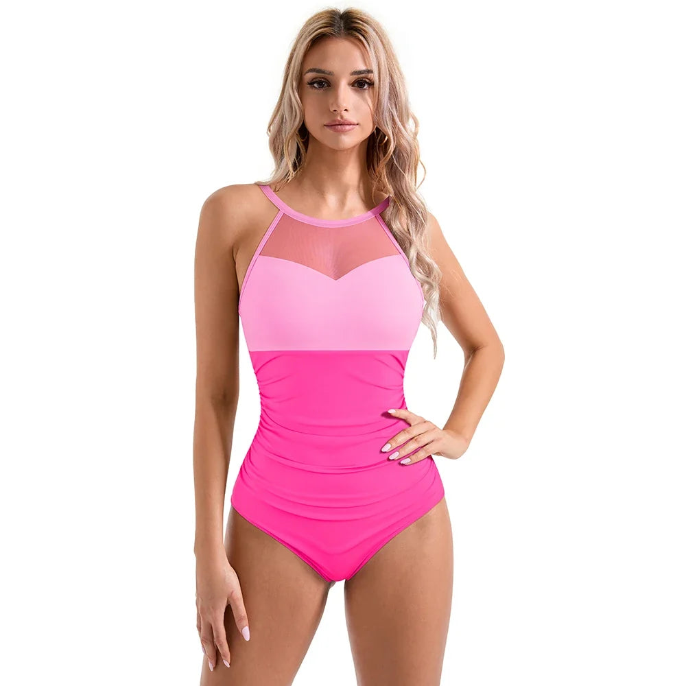 Plus Size One Piece Swimsuit - XL Mesh Hollow Out Push Up Padded Women's Summer Bathing Suit