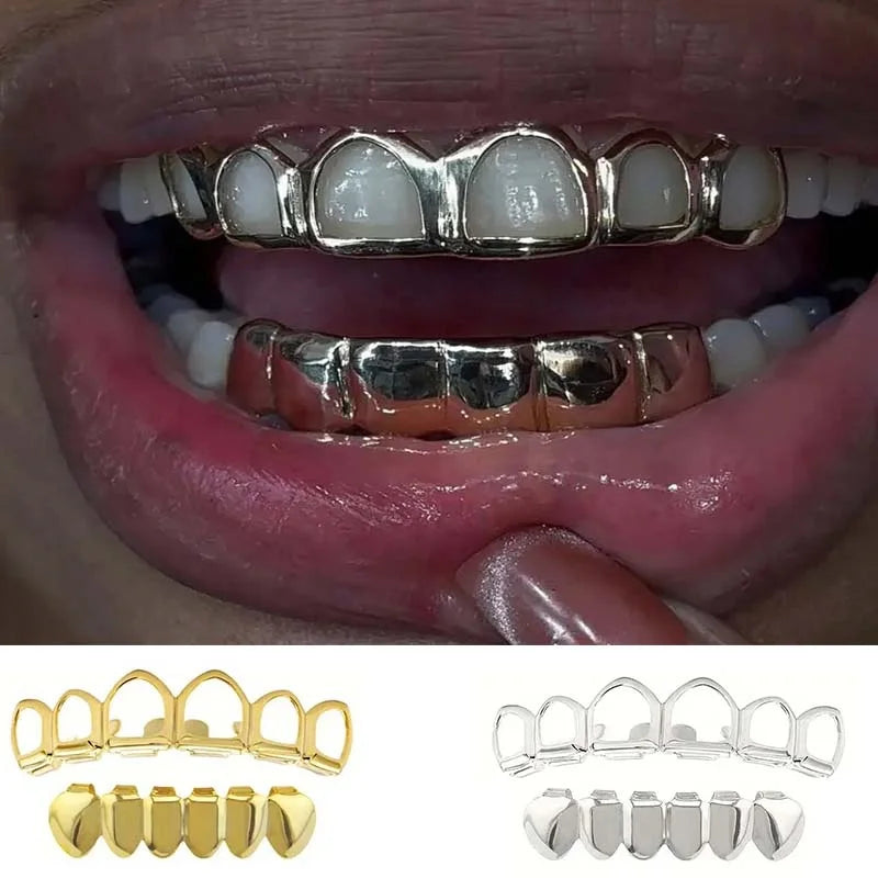 Six-Tooth Hip-Hop Grillz Set - Hollow Fashion Tooth Jewelry for Stage Props & Festival Gifts