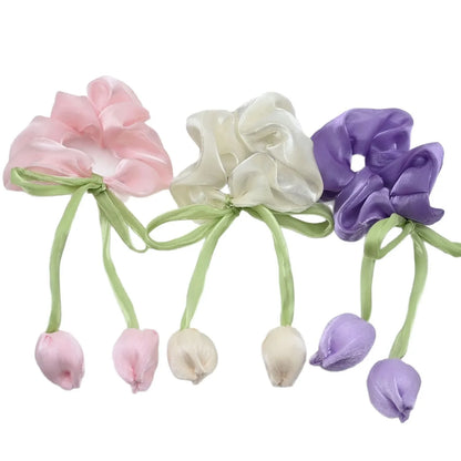 3PCS Tulip Flower Scrunchies - Sweet Elastic Hair Ties for Women, Large Hair Ropes & Stylish Accessories
