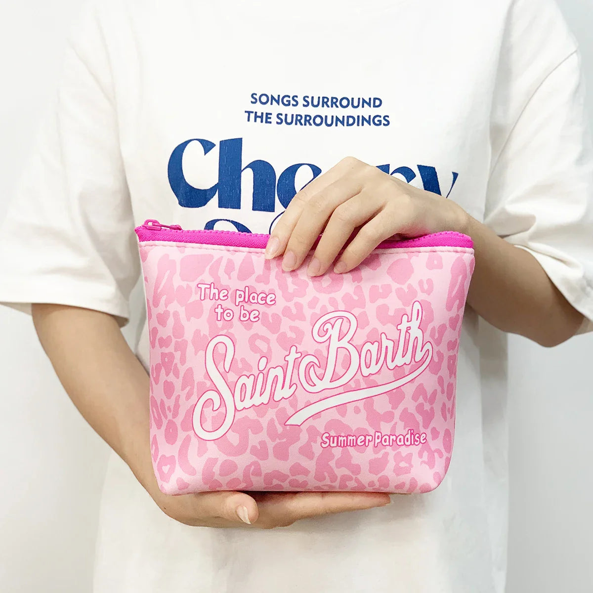 S-SAINT BARTH Pink Neoprene Clutch Bag – Trendy Vertical Zip Pouch Makeup & Toiletry Purse for Women