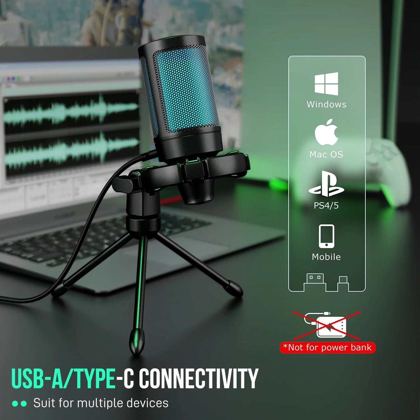 FIFINE AmpliGame RGB Gaming Microphone - USB Condenser Mic with Touch Mute & Tripod for PC, PS4/PS5, Laptop Streaming
