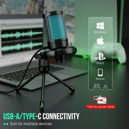 FIFINE AmpliGame RGB Gaming Microphone - USB Condenser Mic with Touch Mute & Tripod for PC, PS4/PS5, Laptop Streaming
