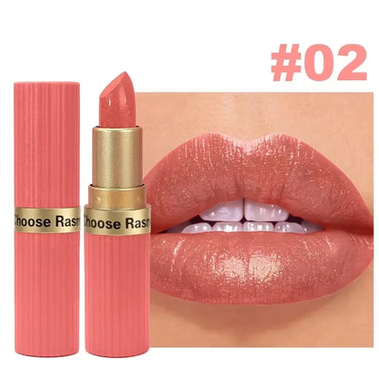 Pearlescent Pink Glitter Lipstick - Waterproof Long-Lasting Matte Metallic Shimmer Makeup