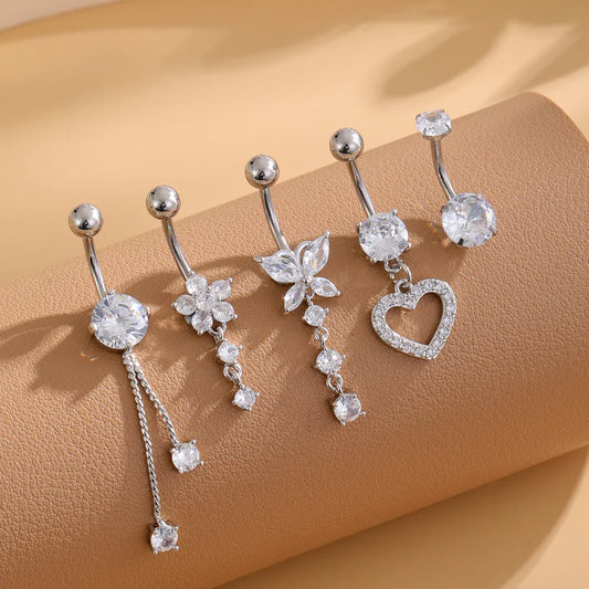 5PCS Belly Button Rings Set – 14G Butterfly & Heart Curved Navel Piercings for Women & Girls Body Jewelry