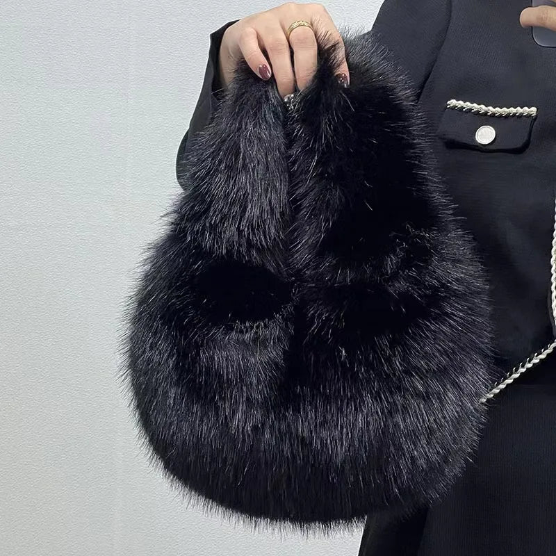 Plush Half Moon Bag - Soft Faux Fur Women's Handbag Winter Luxury Shoulder Purse