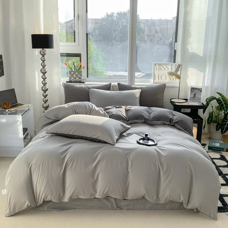 Washed Cotton Duvet Cover Set - Solid Color Soft Bedding Collection with Pillowcases Comforter Cover 220x240cm