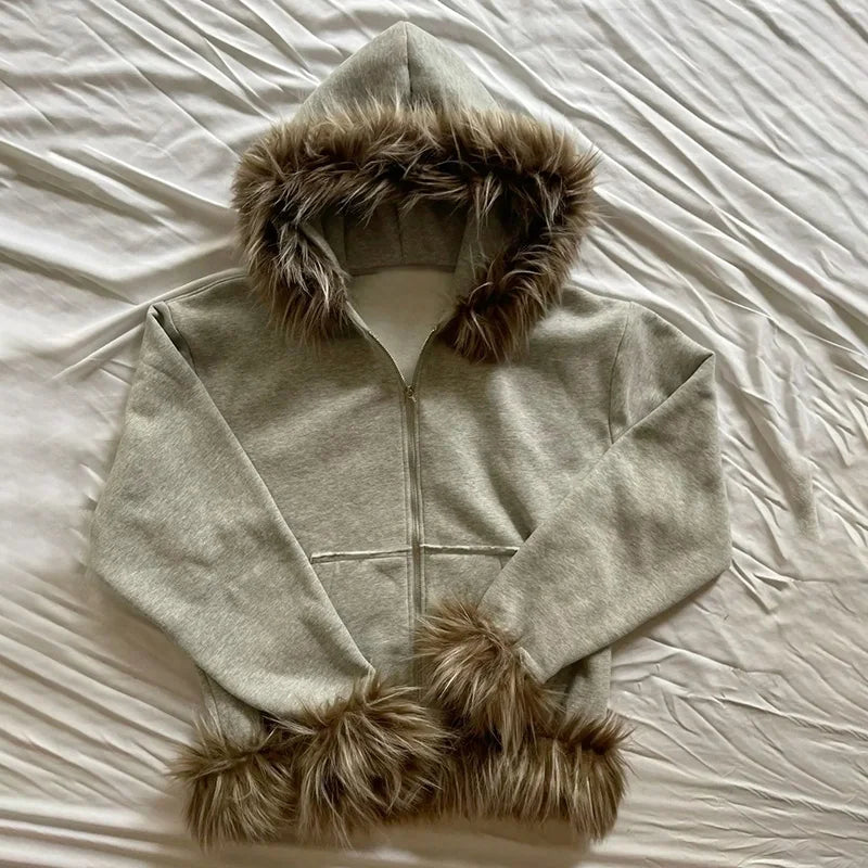 Casual Y2K Zip-Up Hoodie – Faux Fur Collar Harajuku Streetwear Rock Goth Punk EMO Sweatshirt Jacket