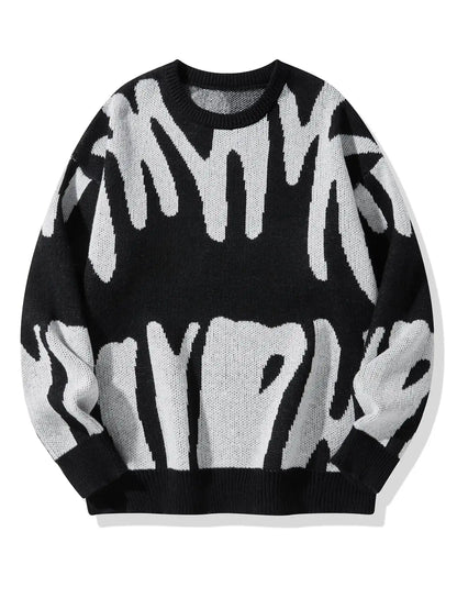Men's Autumn Winter Jacquard Sweater - Irregular Pattern Contrast Color Round Neck Knitted Casual Pullover