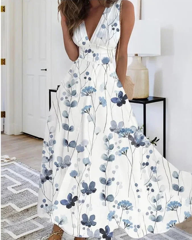 Women's Summer V Neck Maxi Dress - Sleeveless High Waist Elegant Print Dress for Office & Holiday Wear