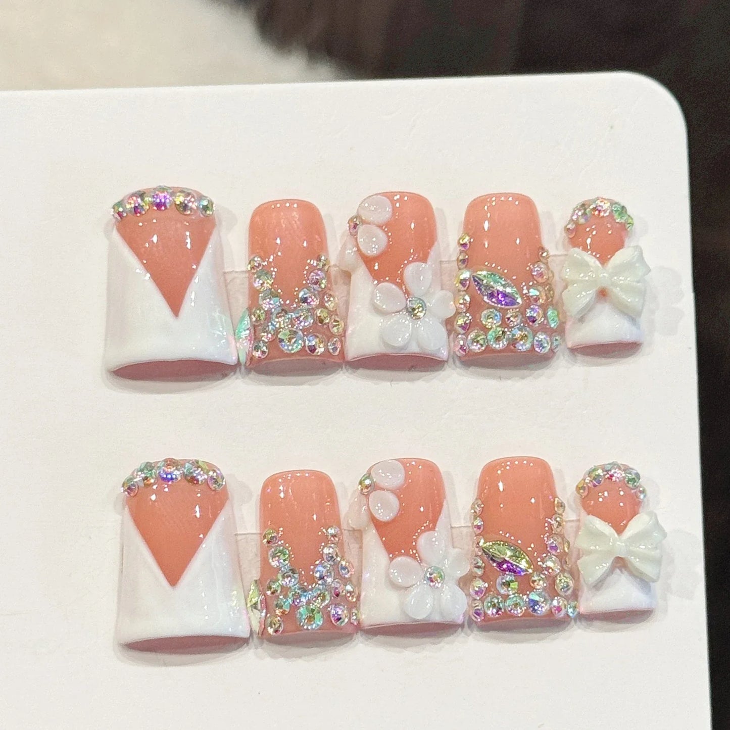 10-Piece 3D Flower Press-On Nails - Elegant French Duckbill Artificial Detachable False Nails