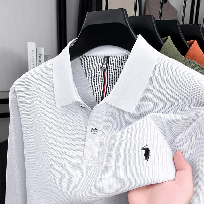 Men's 100% Cotton Long Sleeve Polo Shirt - Embroidered Business Casual Fashion Polo