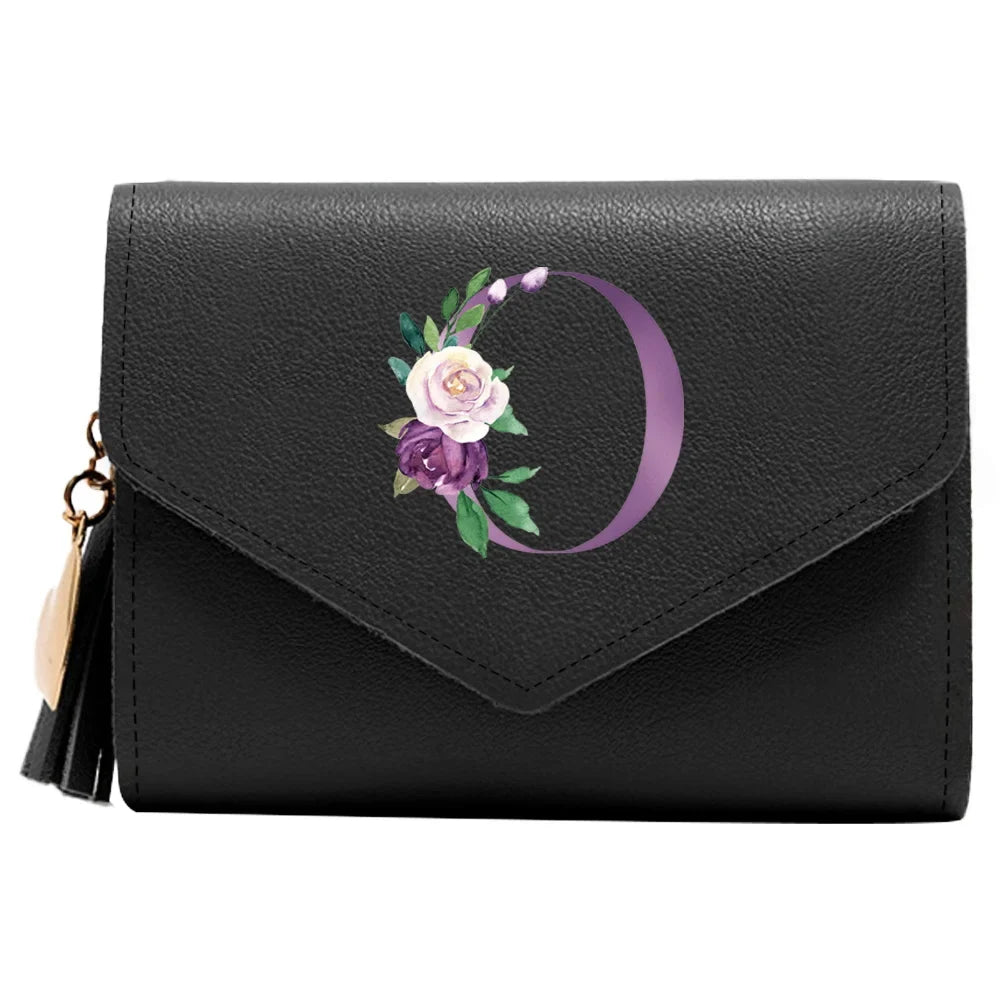 Women's RFID Leather Wallet - Compact Luxury Mini Purse With ID Window, Purple Letter Pattern & Card Holder Design