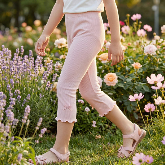 Girls Summer Bow Leggings - Solid Color Elastic Waist 7/8 Length Breathable Kids Pants 3-10Y