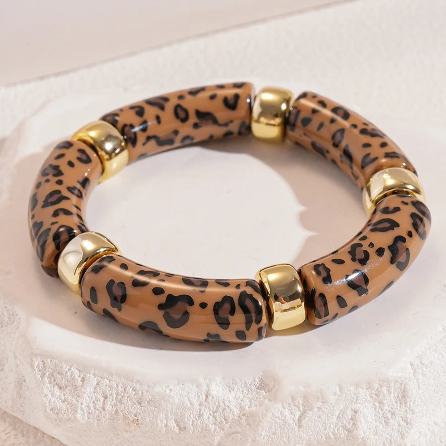 Leopard Print Bamboo Tube Acrylic Bracelets - Retro Stretch Beaded Bangles for Women & Men, Stackable Jewelry Gift