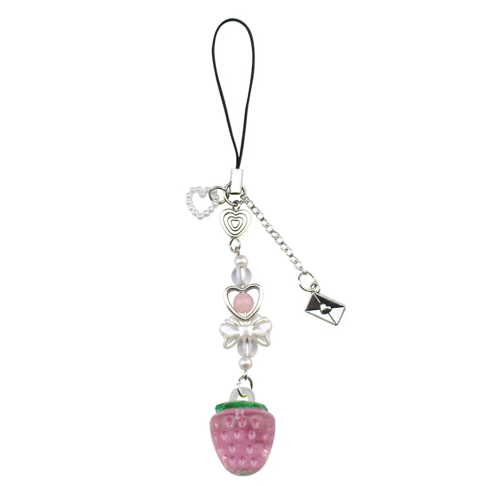 Y2K Strawberry Keychain Charm - Cute Fruit Phone Lanyard Bag Chain Accessory for Girls Aesthetic Jewelry Style