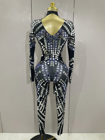 Sexy Shiny Silver Sequin & Black Spandex Jumpsuit — 2025 Women’s Prom, Dancer & Stage Performance Costume
