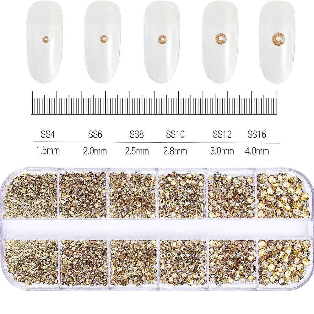 12-Grid Mixed Nail Rhinestones SS6-SS30 – Shiny Flat-Back Gems in Clear, Gold, Pink & Blue for Nail Art Decoration
