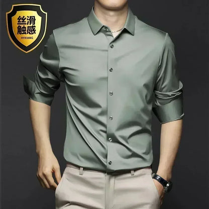 Men’s Luxury White Dress Shirt - Wrinkle-Resistant Ice Silk Glossy Long Sleeve Business Casual Shirt S-6XL