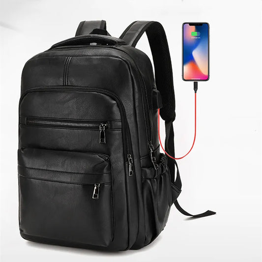 High-Quality PU Leather Backpack | USB Charging | Large Laptop Compartment | Mochilas Schoolbag for Teenage Boys