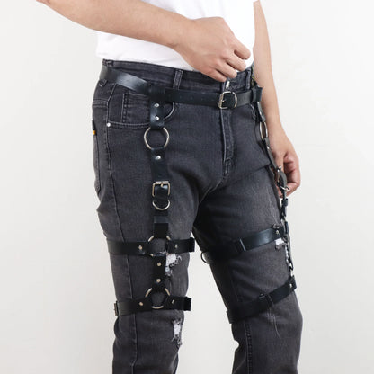 Men's Punk Leather Thigh Harness - Garter Belt with Adjustable Leg Rings for Gothic Fashion