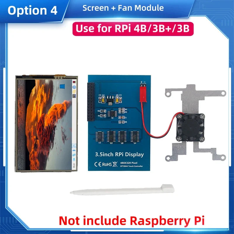 Raspberry Pi 3.5" Touch Screen LCD Display - 480×320 TFT with Optional Case & Cooling Fan for Pi 4B/3B+/3B