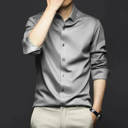 Men’s Luxury White Dress Shirt - Wrinkle-Resistant Ice Silk Glossy Long Sleeve Business Casual Shirt S-6XL