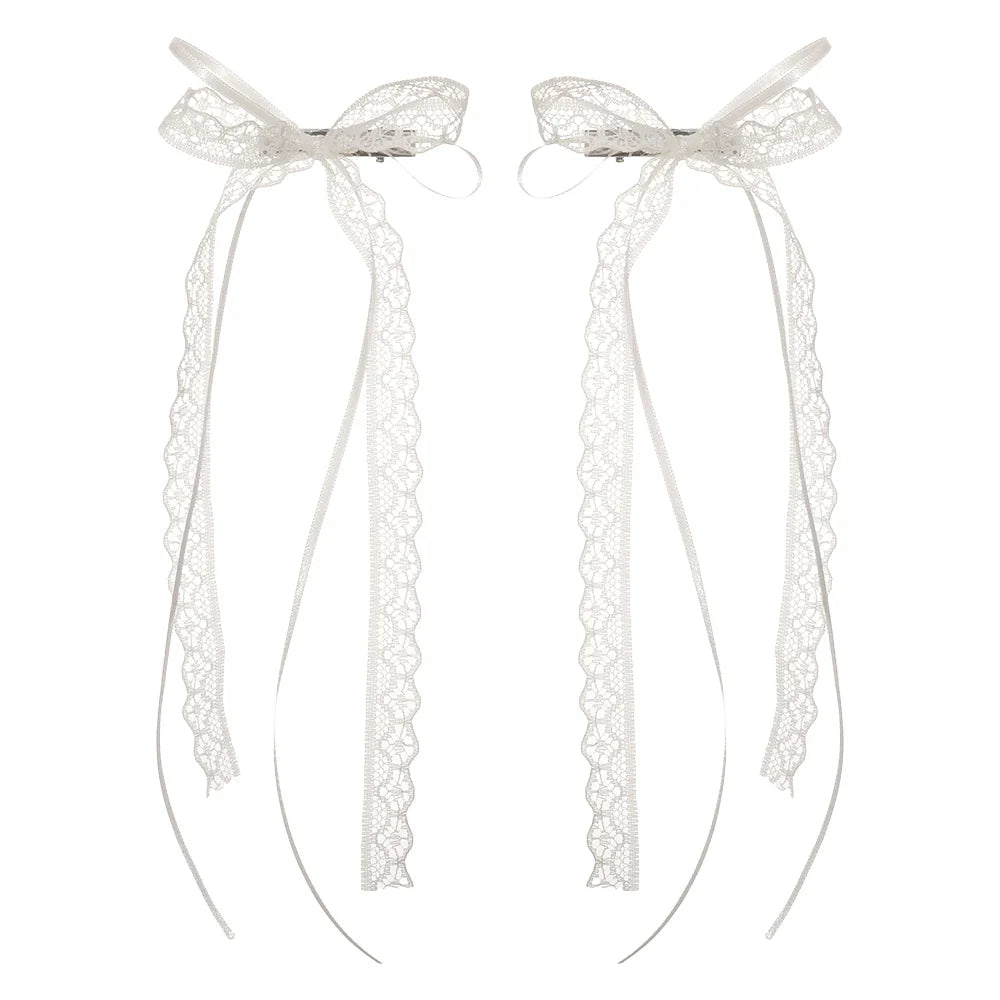 2pcs Korean Fashion Lace Bow Hairpins – White Ribbon Hair Clips for Women & Girls, Top Clip, Female Hair Accessories & Gifts