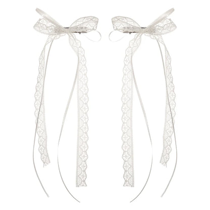 2pcs Korean Fashion Lace Bow Hairpins – White Ribbon Hair Clips for Women & Girls, Top Clip, Female Hair Accessories & Gifts
