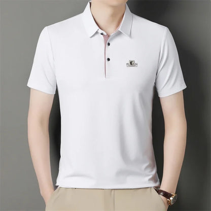 Men's Business Casual Short Sleeve Polo Shirt - Solid Color Breathable Badge Polo Top