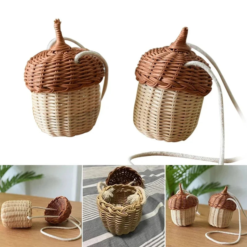 Acorn-Shaped Rattan Storage Basket - Handwoven Round Beach Style Shoulder Bag
