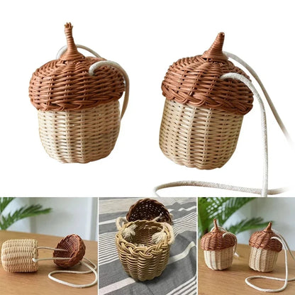 Acorn-Shaped Rattan Storage Basket - Handwoven Round Beach Style Shoulder Bag
